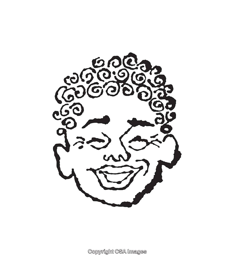 Playful Black and White Curly Haired Cartoon Style Illustration