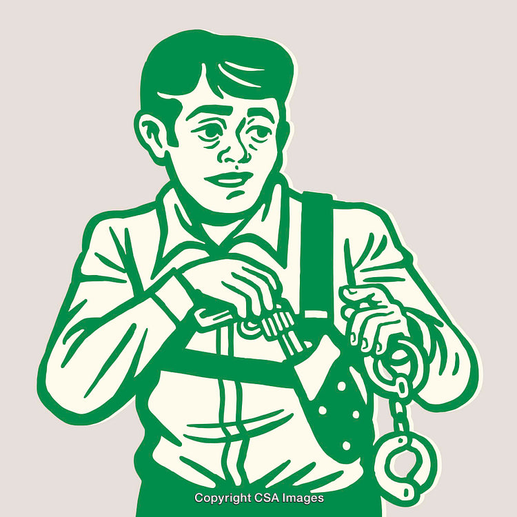 Vintage Green Line Illustration of a Detective With Handcuffs and Gun Holster