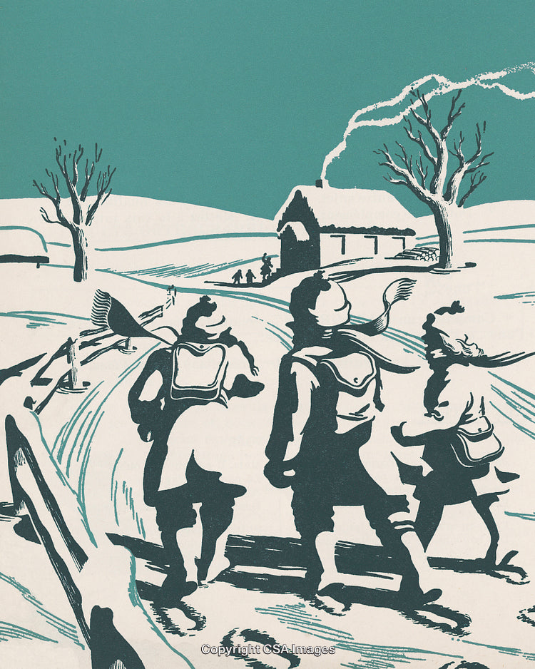 Vintage Winter Scene with Children Walking Toward a Snowy Cottage