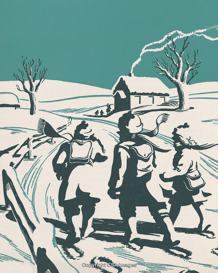 Vintage Winter Scene with Children Walking Toward a Snowy Cottage