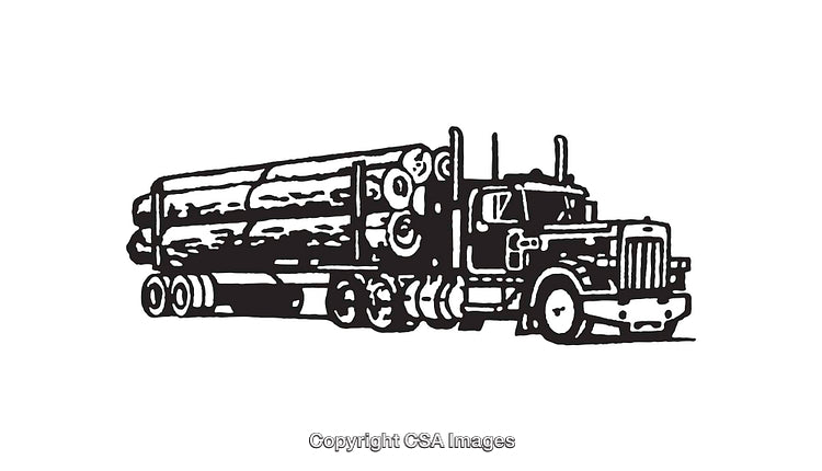 Black and White Illustration of a Logging Truck with Logs on Trailer