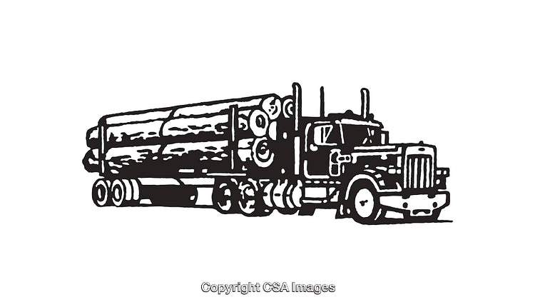 Black and White Illustration of a Logging Truck with Logs on Trailer