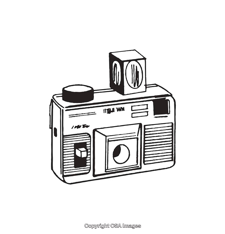 Black and White Line Art Illustration of a Vintage Camera