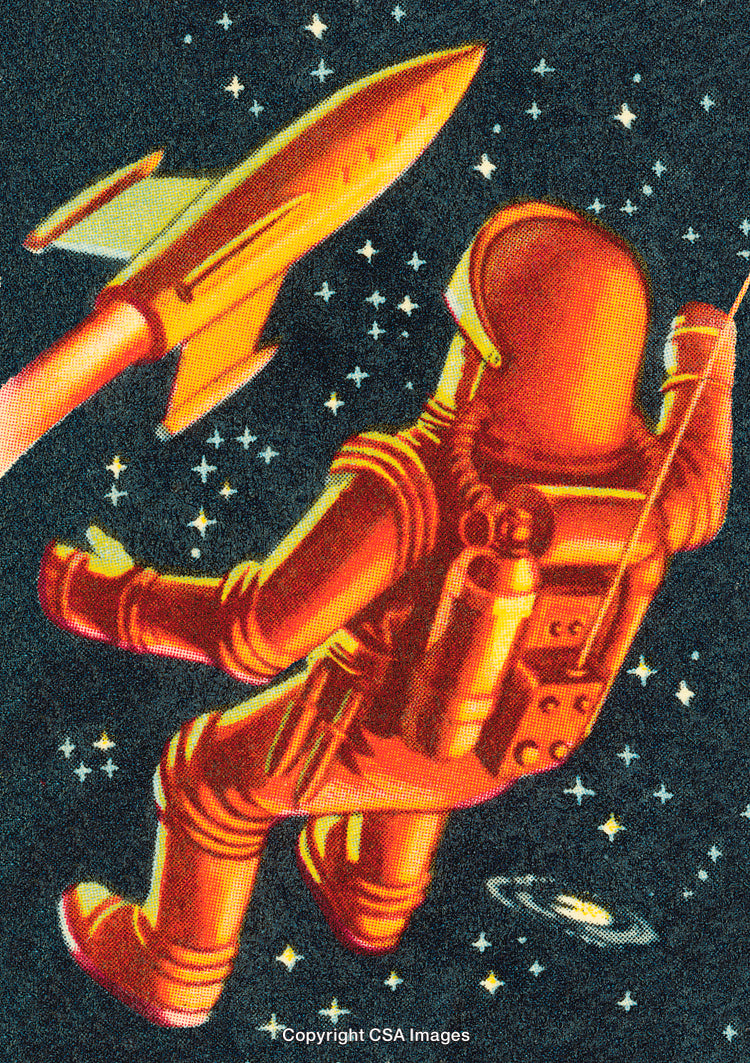 Astronaut Exploring Space with Spaceship in Vintage Style Artwork