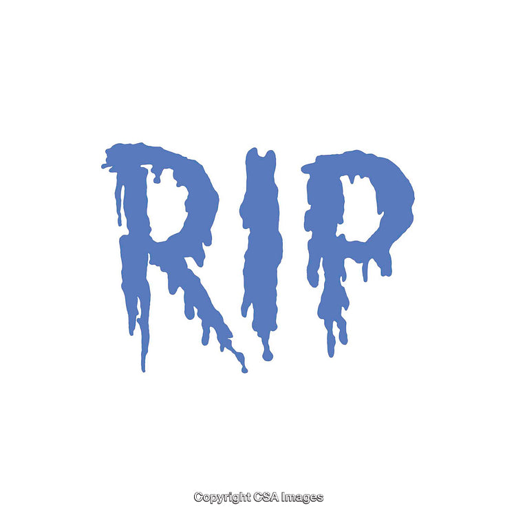 Blue RIP Text with Dripping Effect on White Background