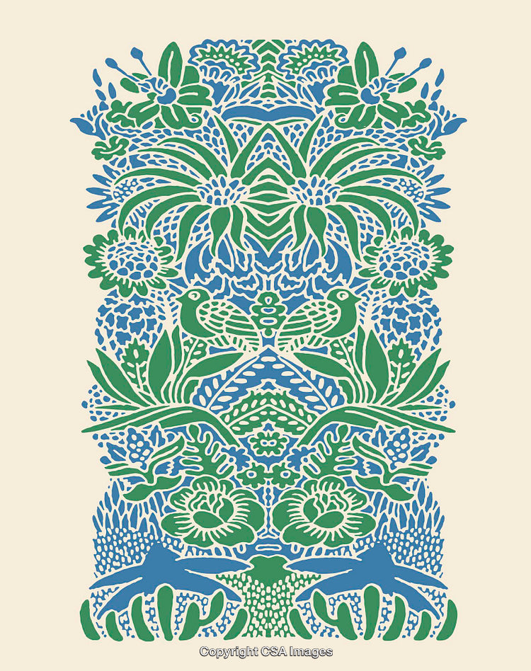 Floral and Ornamental Nature-Inspired Line Art in Green and Blue Tones