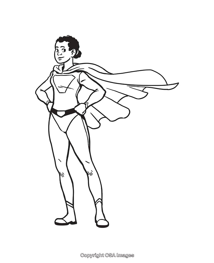 Black and White Line Art of Confident Superhero with Cape