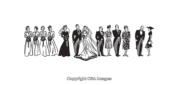 Black and White Line Art of a Wedding Party Scene