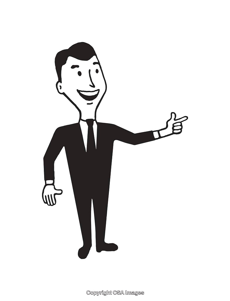 Smiling Cartoon Businessman Gesture Illustration in Black and White