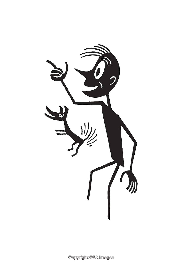 Black and White Line Art of a Figure and a Playful Dog