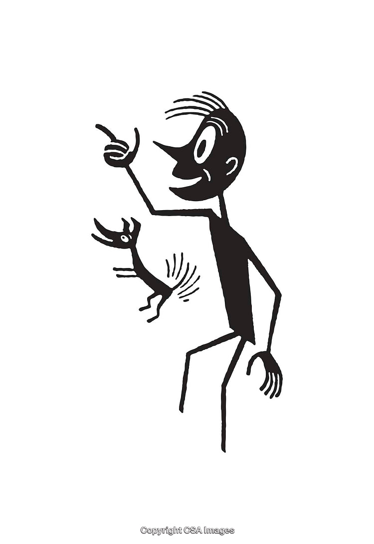 Black and White Line Art of a Figure and a Playful Dog