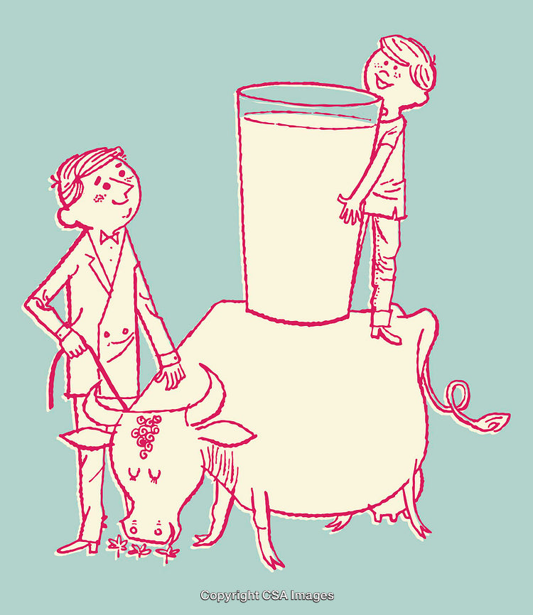 Whimsical Illustration of People and Large Cow with Oversized Milk Glass