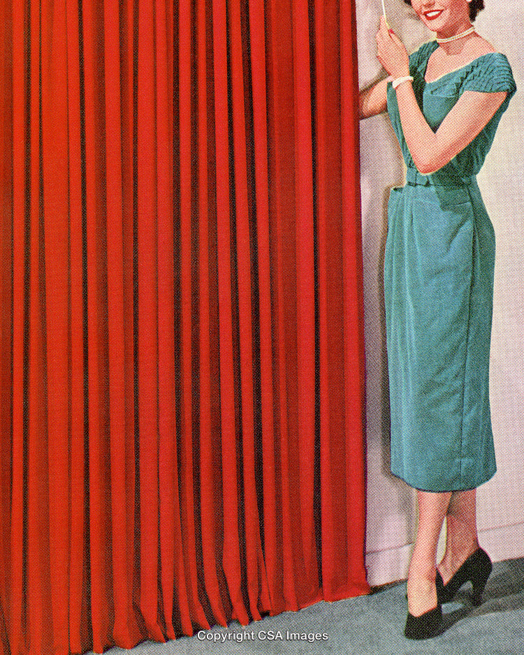 Woman in Blue Dress with Red Curtain, Vintage Printed Media Style