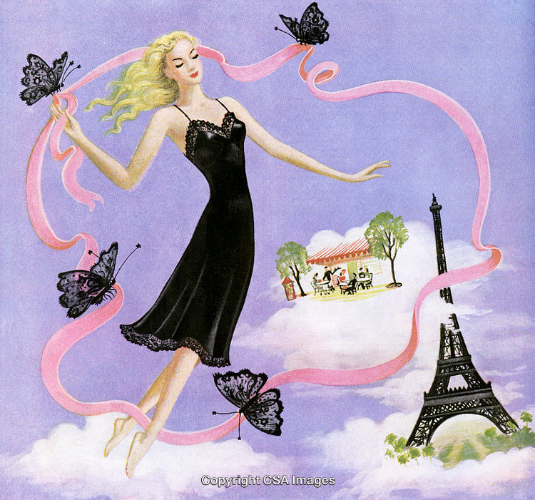 Elegant Woman with Butterflies and Parisian Scenery in Dreamlike Illustration