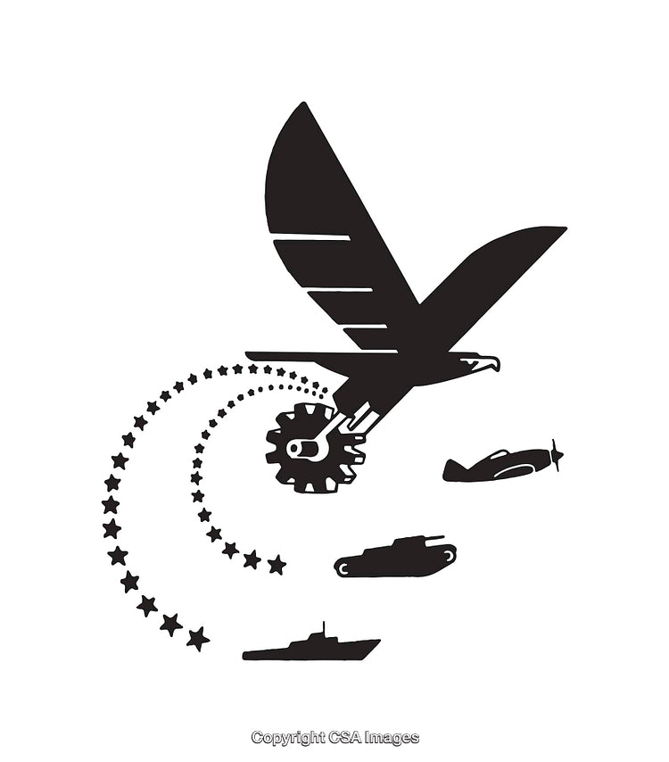Monochrome Symbol of Eagle with Stars and Military Vehicles