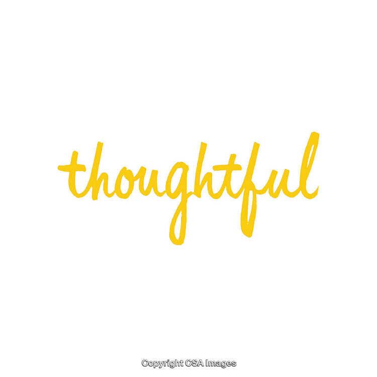 Yellow Handwritten Text Displaying the Word 'Thoughtful' on White Background