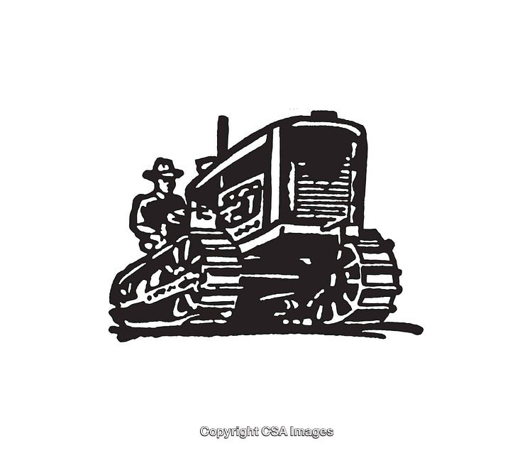 Illustration of a Farmer Operating a Vintage Tractor in Black and White Line Art