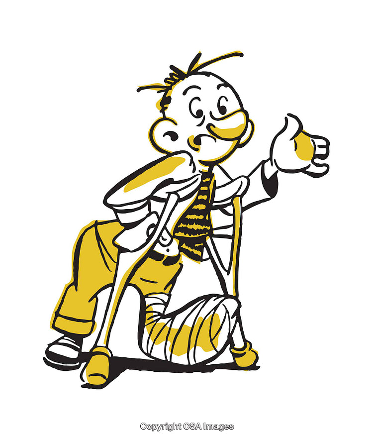 Cartoon Illustration of Character on Crutches with Bandaged Leg and Cheerful Expression