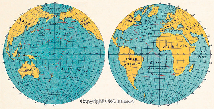 World Map With Globes Displaying Continents and Oceans in Vintage Style