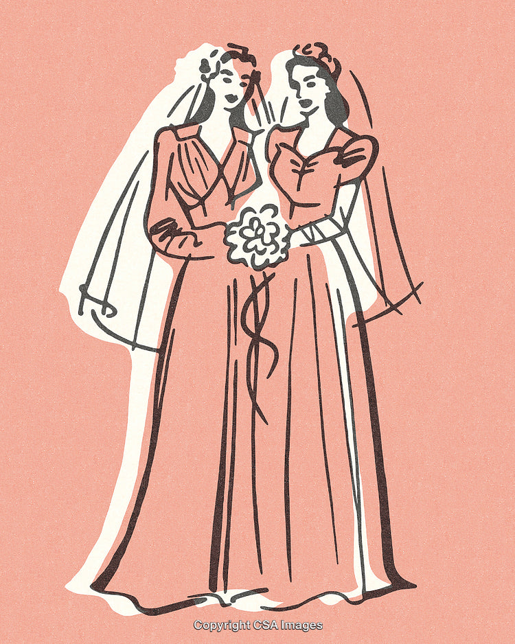 Illustrated Brides in Vintage Style Gowns Holding Flowers on Pink Background