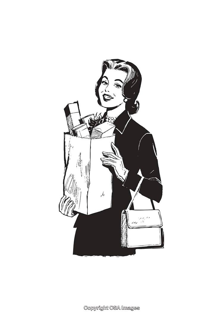 Retro-Inspired Line Art of Woman Holding Grocery Bag with Items