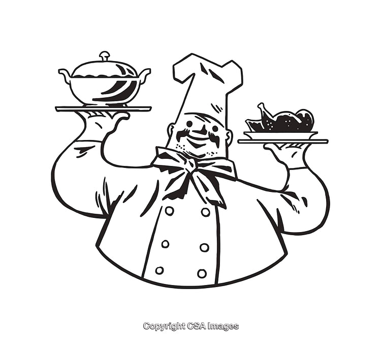 Chef Illustration Featuring Culinary Presentation in Black and White Line Art