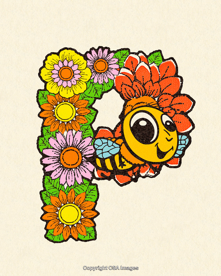 Childlike Letter P with Flowers and Bee Illustration
