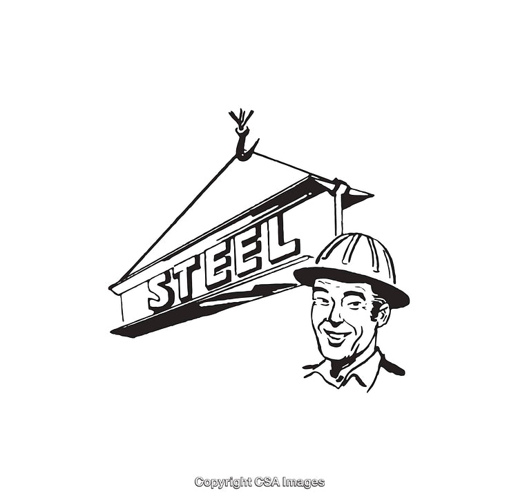 Vintage Black and White Illustration of a Steel Worker and Materials