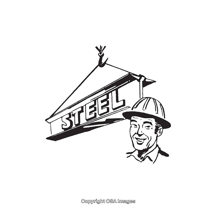 Vintage Black and White Illustration of a Steel Worker and Materials