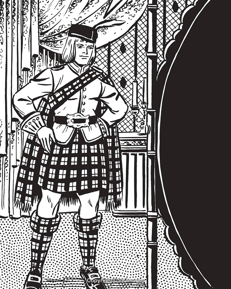 Traditional Scottish Highland Attire Drawing Featuring a Plaid Kilt and Jacket