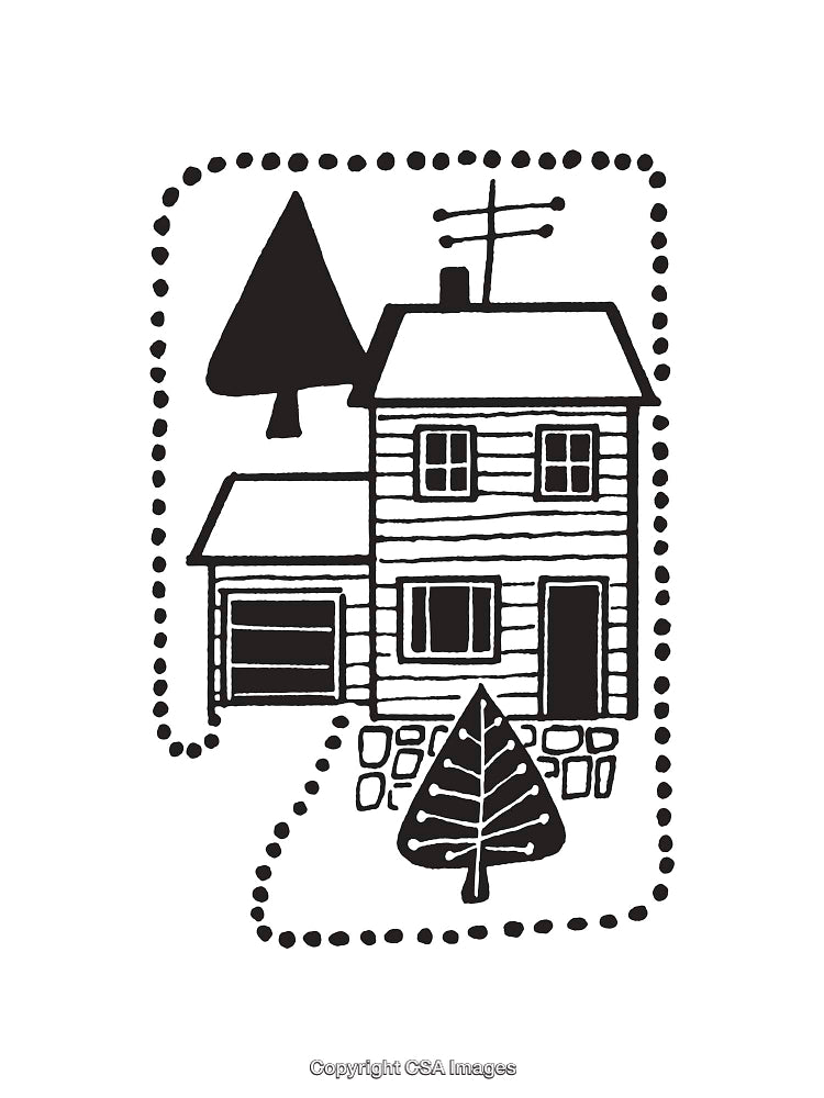 Black And White Hand-Drawn House Illustration with Trees and Decorative Elements
