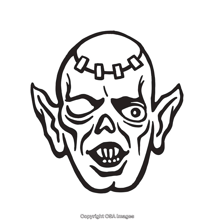 Black and White Line Art of a Grinning Goblin Face Illustration