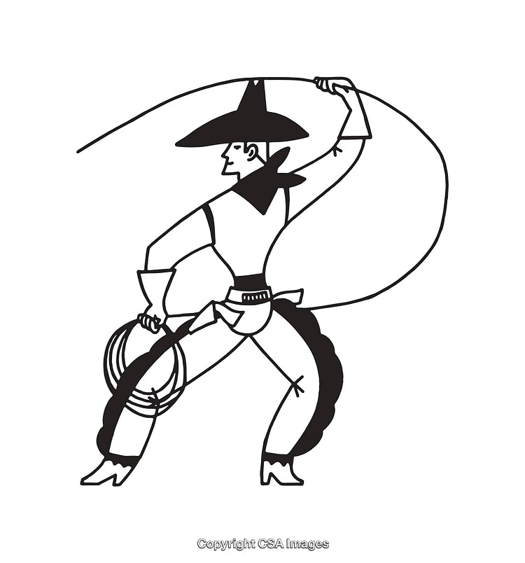 Black and White Line Art of a Cowboy Using a Lasso