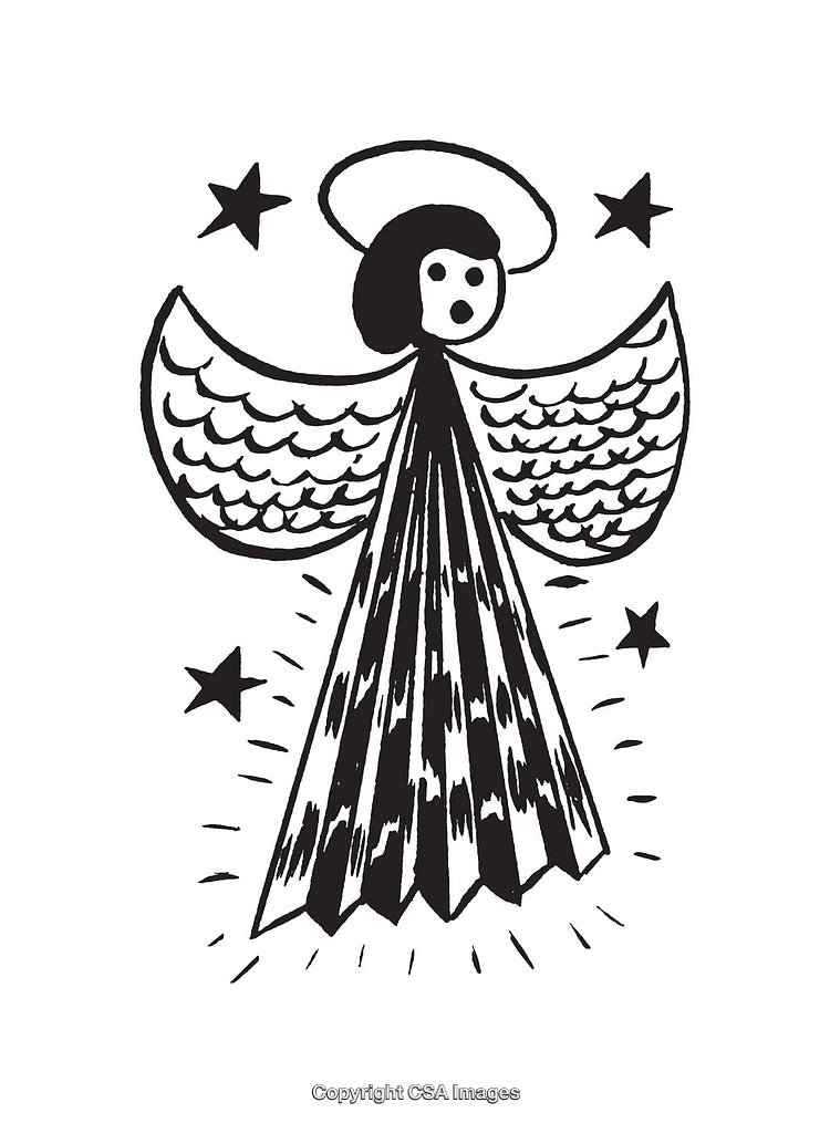 Black and White Angel Line Art with Stars and Radiant Details
