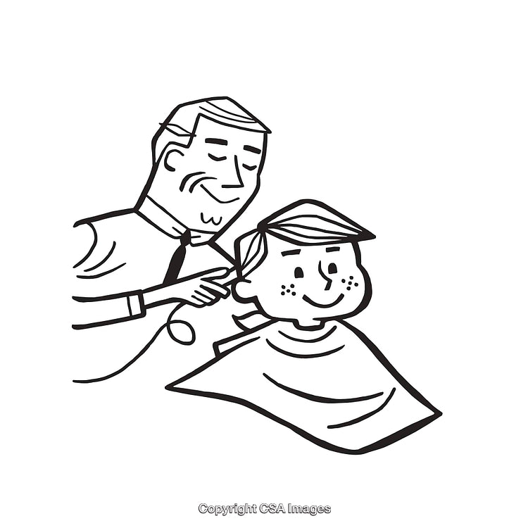 Barber Trims Boy's Hair in Black and White Line Art Illustration