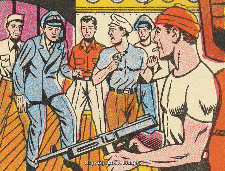 Retro Comic Artwork Depicting a Tense Interaction on a Ship