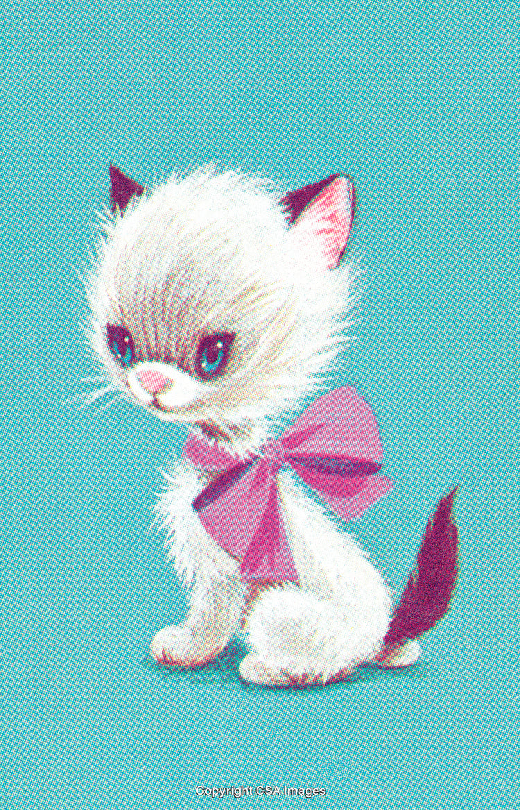 Vintage Illustration of a Charming Kitten With Pink Bow on Teal Background