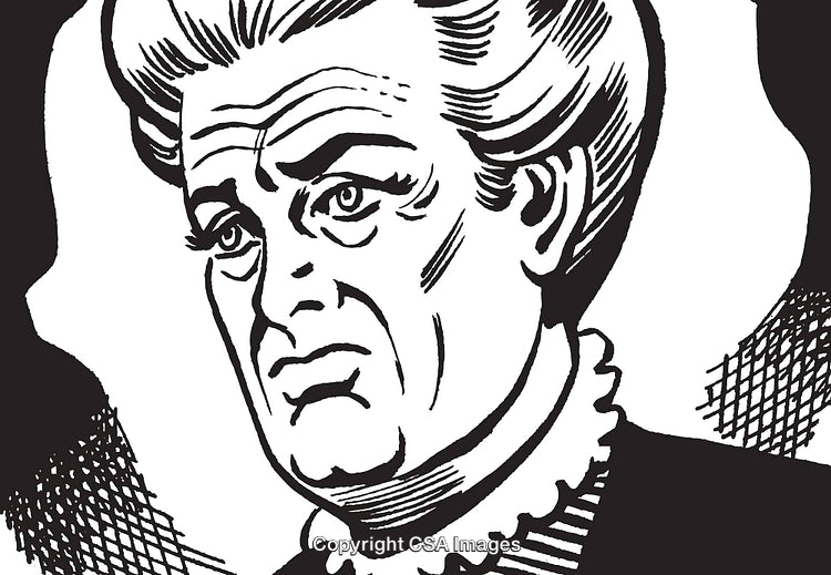 Vintage Black and White Drawing of an Elderly Woman in Thoughtful Mood