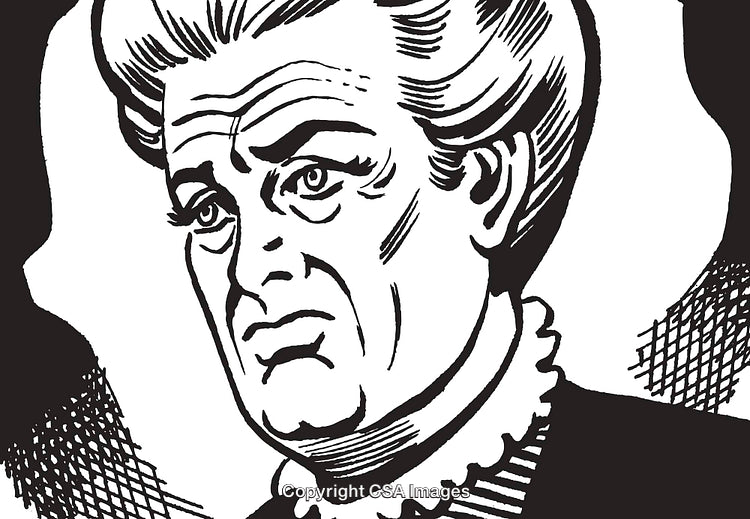 Vintage Black and White Drawing of an Elderly Woman in Thoughtful Mood