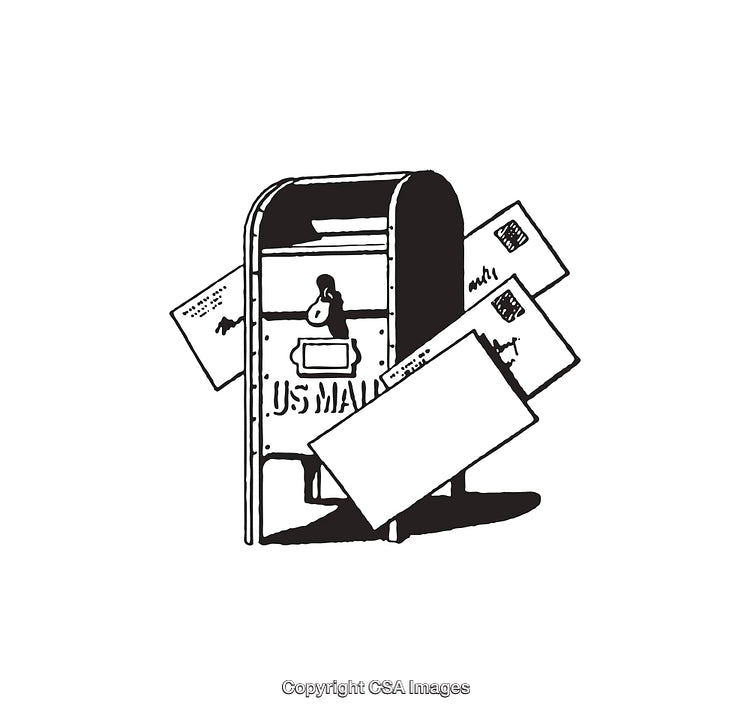 Black and White Line Art of Mailbox with Overflowing Letters