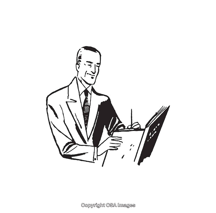 Black and White Illustration of Man in Suit Writing on Clipboard