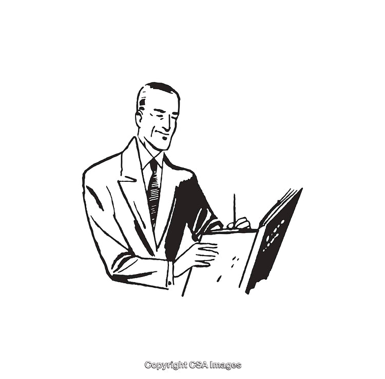 Black and White Illustration of Man in Suit Writing on Clipboard