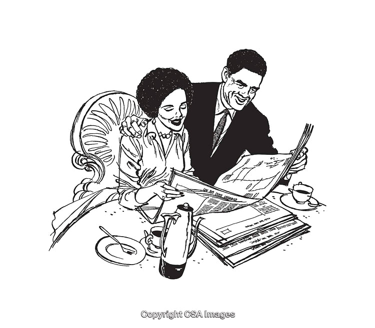 Retro Line Art Illustration of a Smiling Couple Reading a Newspaper