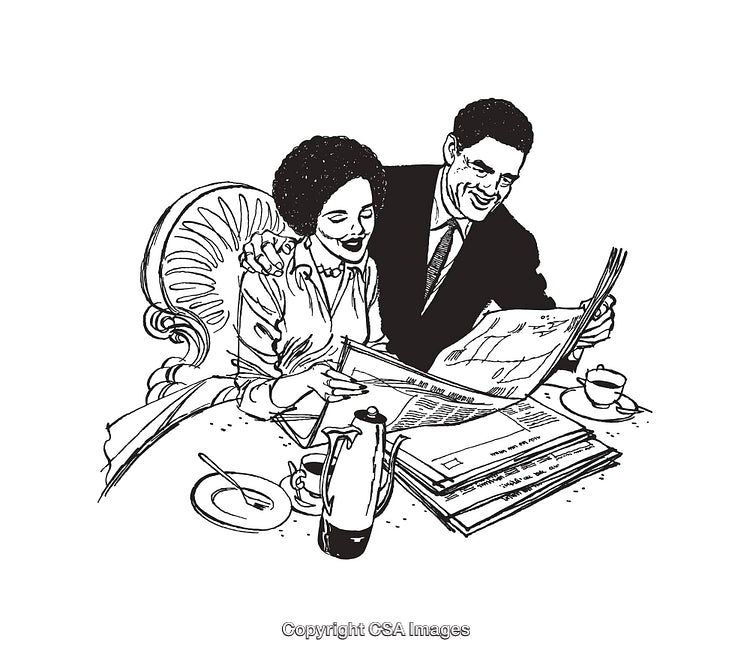 Retro Line Art Illustration of a Smiling Couple Reading a Newspaper
