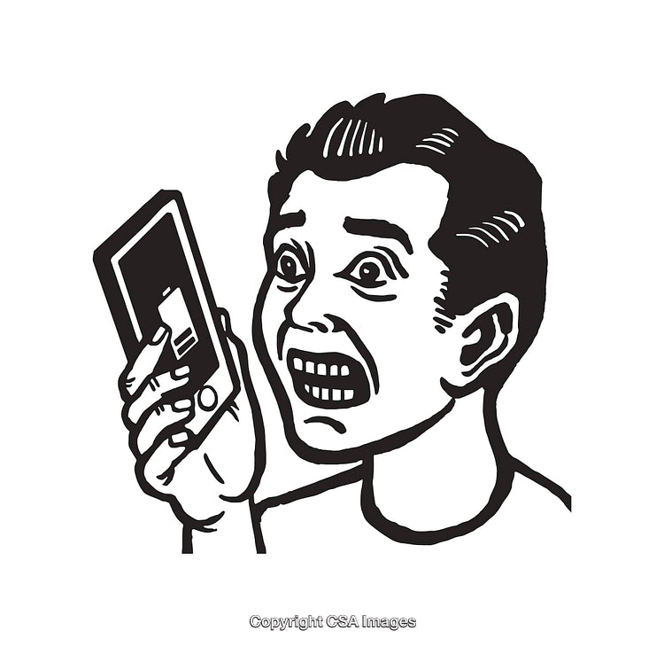 Black and White Art Depicting Shocked Reaction to Mobile Phone