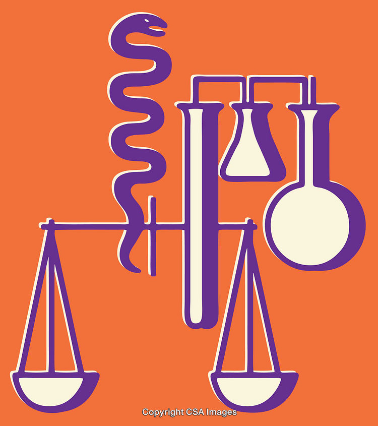 Abstract Line Art Illustration Featuring Scales, Flasks, and Serpents on Orange Background