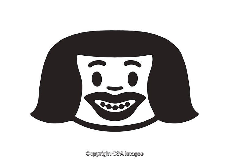 Cheerful Black and White Line Art Smiling Cartoon Face with Hair