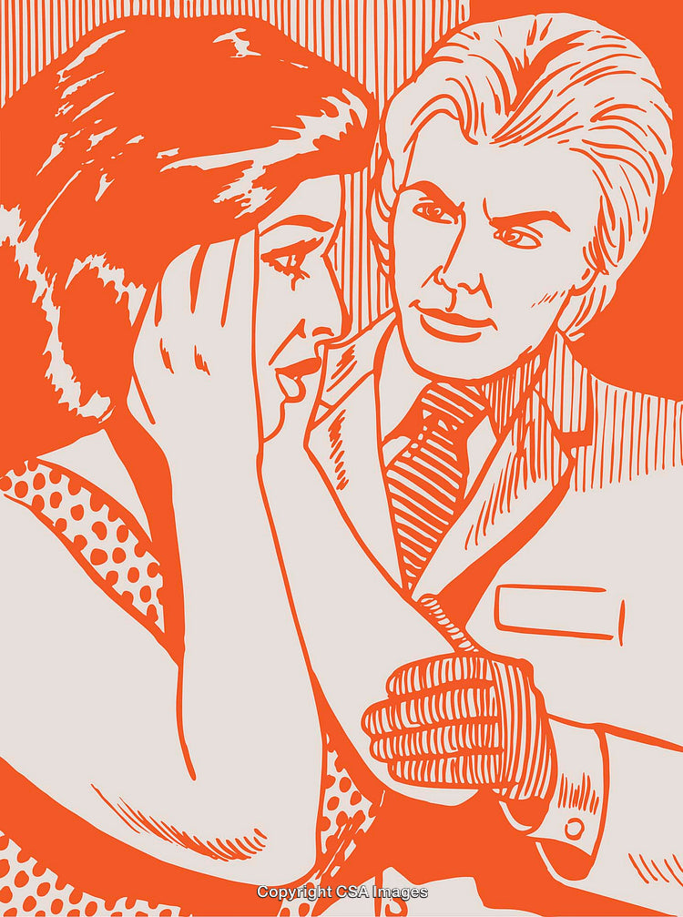Retro Styled Illustration of a Conversation Between Two Concerned Individuals