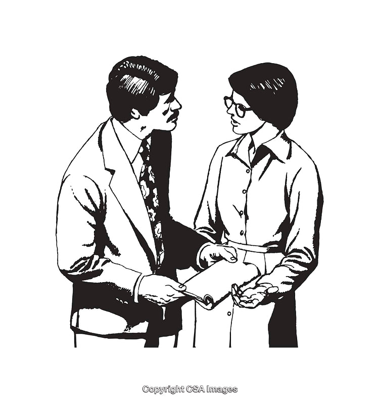 Black and White Illustration of Two Professionals in Discussion