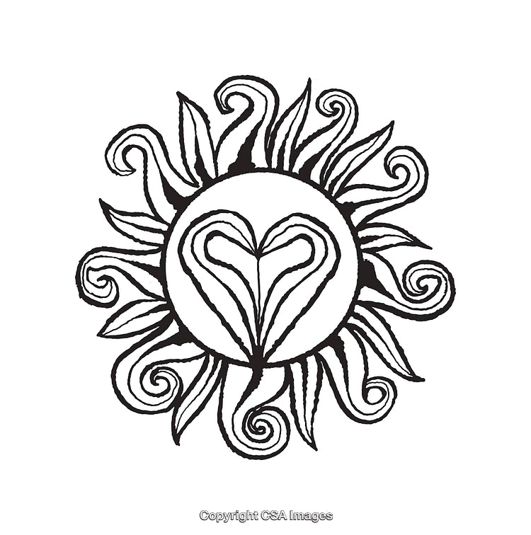 Illustrated Sun and Heart Black and White Line Art Design